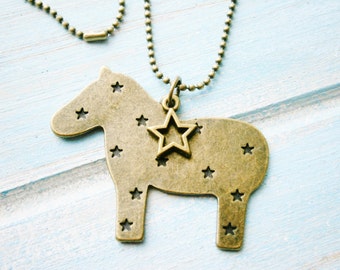 Antique Bronze Horse Necklace with Small Filigree Star Charm/Boho Necklace/Girls Necklace/Star Necklace/Animal Necklace/Horse Necklace