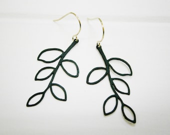 Matt Black Plated 5 Leaf Twig Charm 19 x 40mm On Gold Plated French Earring Hooks/Dangle Earrings/Nature Earrings/Tree Earrings