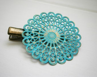 Verdigris/Turquoise Hand Painted Patina Antique Bronze Round Filigree Shabby Chic Alligator Hair Clip/Boho Hair Clip/Rustic Hair Clip.