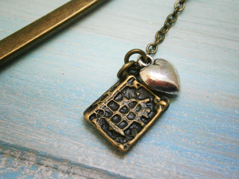 Bookmark with a Antique Bronze Book and Antique Silver Heart/Book Lover Bookmark/On To The Next Chapter Bookmark/Bookmarks for Books image 2