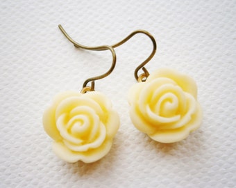 Cream 13mm Resin Rose set on Antique Brass Base and Earring Hook/Dangle Earrings/Bridesmaid Gifts