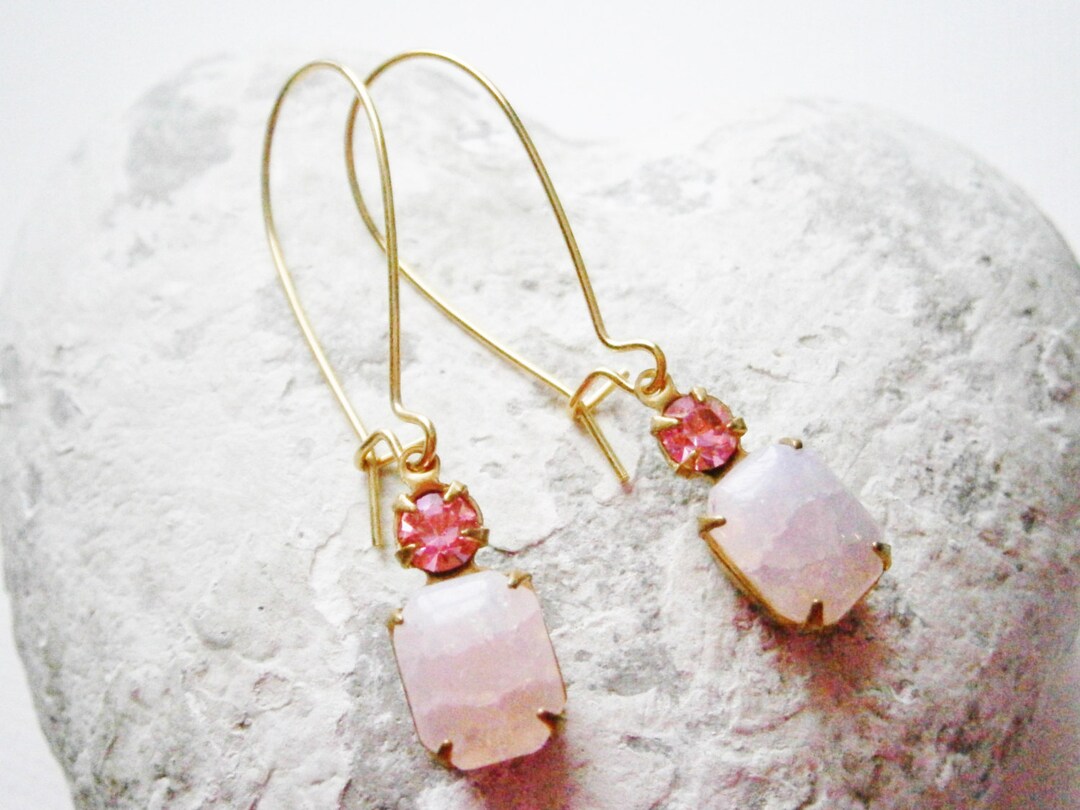 Vintage Crackle Rose Pink Glass Stone and Rose Pink Swarovski Crystal
