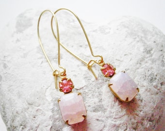 Vintage Crackle Rose Pink Glass Stone and Rose Pink Swarovski Crystal set in Brass Prong Setting On Gilt Kidney Wire Earring Hooks.