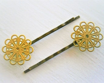 Yellow Patina Large Filigree Daisy Antique Bronze Bobby Pins Set of 2/Hair Clips/Bohemian Hair Clips/Shabby Chic Hair Clips/Rustic Wedding