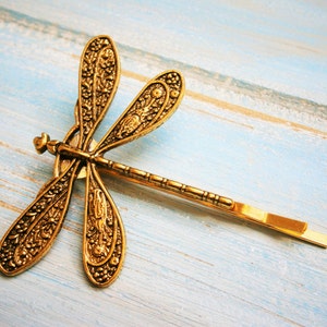 One Antique Gold Plated Dragonfly Bobby Pin, Dragonfly Hair Clip, Boho Hair Clip, Boho Hair Accessory, Wedding Hair Accessory
