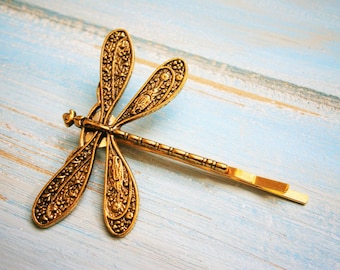 One Antique Gold Plated Dragonfly Bobby Pin, Dragonfly Hair Clip, Boho Hair Clip, Boho Hair Accessory, Wedding Hair Accessory