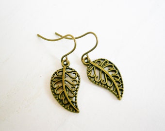 Antique Bronze Filigree Leaf Charm On Antique Bronze French Earring Hooks/Dangle Earrings/Nature Earrings/Boho Earrings/Filigree Earrings.