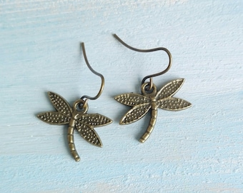 Antique Bronze Dragonfly Charm Pendant On Antique Bronze Brass Small Earring Hooks/Dangle Earrings/Dragonfly Earrings/Woodland Earrings