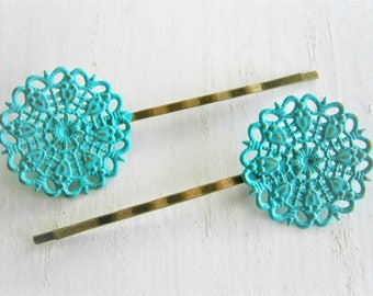 Verdigris/Turquoise Filigree Patina Antique Bronze Bobby Pins Set of Two/Hair Clips/Bohemian Hair Clips/Shabby Chic Hair Clips/Bobby Pins