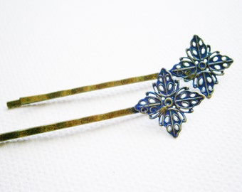 Cobalt Blue Filigree Patina Antique Bronze Bobby Pins Set of Two/Bohemian Hair Clips/Shabby Chic Hair Clips/Bobby Pins/Vintage Style
