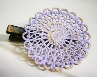 Amethyst/Lilac Hand Painted Patina Antique Bronze Round Filigree Shabby Chic Alligator Hair Clip/Boho Hair Clip/Rustic Hair Clip