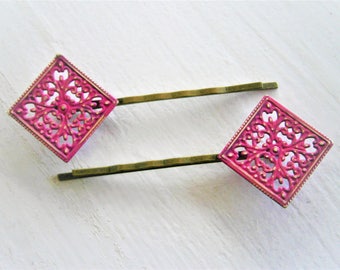 Hot Pink Patina Filigree Antique Bronze Bobby Pins Set of 2/Hair Clips/Bohemian Hair Clip/Shabby Chic Hair Clips/Bobby Pins/Vintage Style