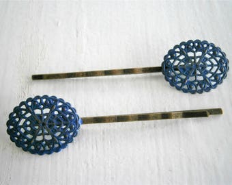 Cobalt Oval Filigree Patina Antique Bronze Bobby Pins Set of Two/Hair Clips/Bohemian Hair Clips/Shabby Chic Hair Clips/Bobby Pins
