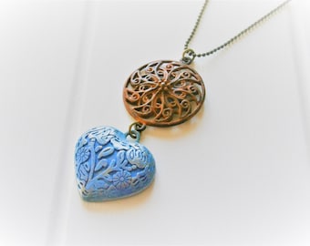 Red Patina Round Filigree and Blue Embossed Patina Heart on Antique Bronze Ball Chain/Boho Necklace/Long Necklace/Patina Necklace/Necklace