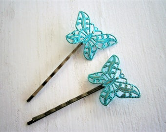 Verdigris/Turquoise Patina Filigree Butterfly Antique Bronze Bobby Pins Set of 2/Bohemian Hair Clips/Shabby Chic Hair Clips/Rustic Wedding