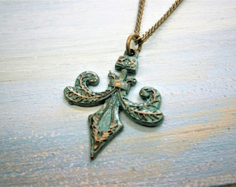 Verdigris/Turquoise Fleur De Lis Patina Necklace/Fleur De Lis Long Necklace/Long Necklace/Steampunk Necklace/Layering Necklace/Boho Jewelry.