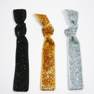 Set of 3 Glitter Hair Tie Package by Crimson Rose Cottage - Black, Gold and Silver Glitter Hair Ties that Double as Bracelets