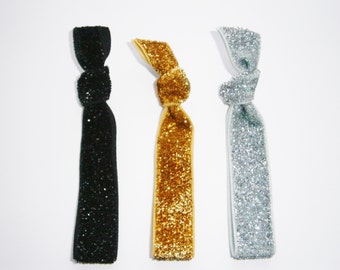 Set of 3 Glitter Hair Tie Package by Crimson Rose Cottage - Black, Gold and Silver Glitter Hair Ties that Double as Bracelets