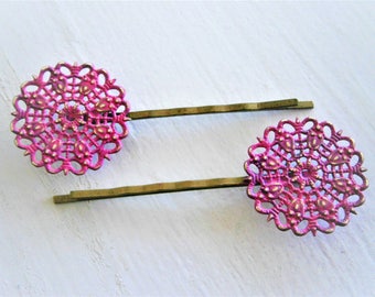 Hot Pink Filigree Patina Antique Bronze Bobby Pins Set of 2/Hair Clips/Bohemian Hair Clips/Shabby Chic Hair Clips/Bobby Pins/Rustic Wedding