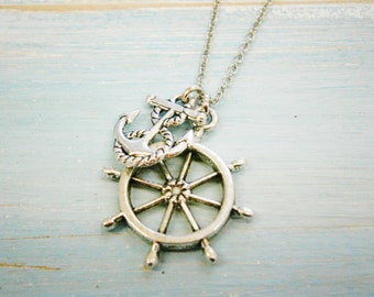 Antique Silver Small Ship Wheel Charm & Mini Anchor Charm/Boho Necklace/Nautical Necklace