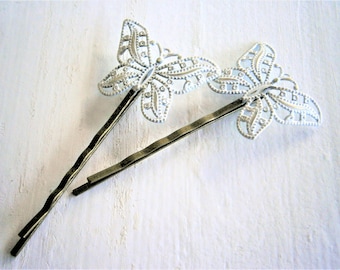 White Patina Filigree Butterfly Antique Bronze Bobby Pins Set of 2/Bohemian Hair Clips/Shabby Chic Hair Clips/Rustic Wedding