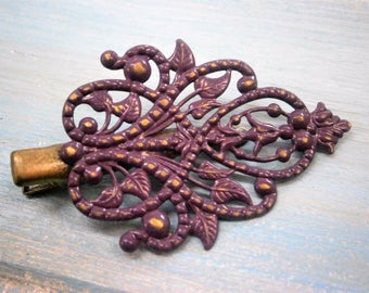 Aubergine/Dark Purple Hand Painted Patina Antique Bronze Scroll & Leaf Filigree Shabby Chic Alligator Hair Clip/Boho Hair Clip/Hair Clip.