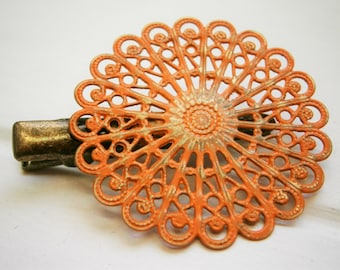 Burnt Orange Hand Painted Patina Antique Bronze Round Filigree Shabby Chic Alligator Hair Clip/Boho Hair Clip/Rustic Hair Clip.