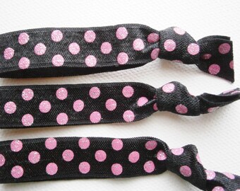 Glitz & Glam - Set of 3 Black with Pink Glitter Polka Dots Hair Ties by Crimson Rose Cottage/Boho Elastic Hair Tie/Boho Soft Bracelet