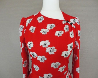 Dress Red with Small Flowers Black and White Vintage 1970 FREESHIPPINGFRANCE