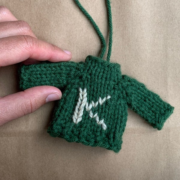 Forest Green - Personalized Mini Sweater Ornament with Initial - Hand Knit
