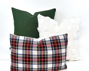 Holiday pillow cover combo #2, moss green woven pillow cover, snowball pillow cover, Christmas plaid pillow cover