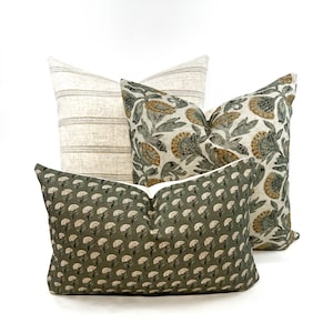 Pillow cover combination #2, neutral stripe pillow cover, green and yellow floral pillow cover, eucalyptus green floral block pillow cover