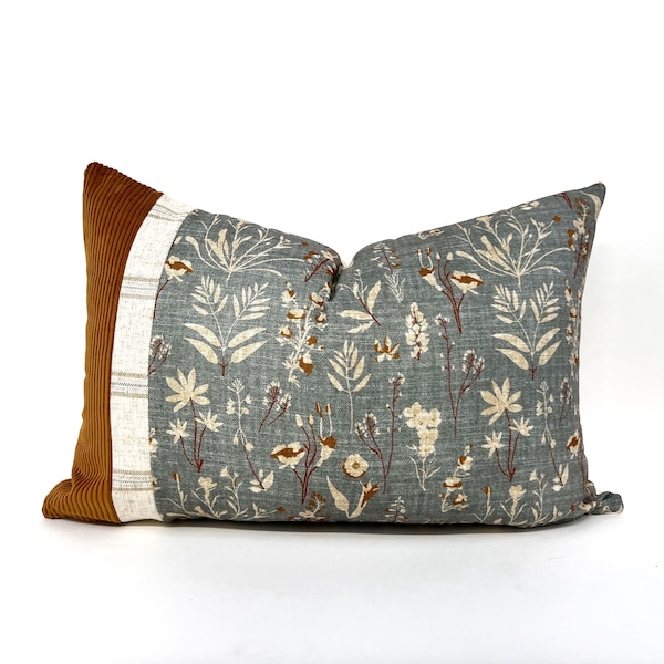 Rust and steel gray floral color block pillow cover