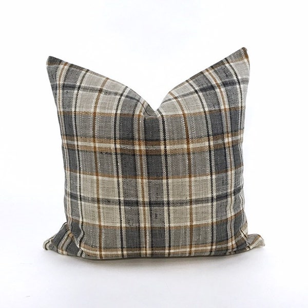 Plaid orange and gray pillow cover