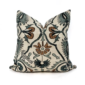 Blue and terra cotta floral pillow cover