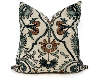 Blue and terra cotta floral pillow cover