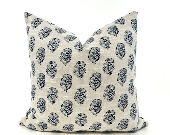 Blue floral block linen blend pillow cover