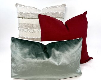 Holiday pillow cover combo #4, off-white, sage and beige stripe pillow cover, berry red linen pillow cover, sage green velvet pillow cover