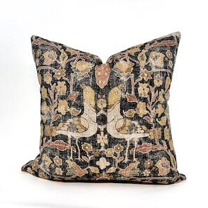 Earth Tones Botanical pillow cover, black floral pillow, bird pinecone pillow, boho pillow, distress printed pillow, rust floral pillow