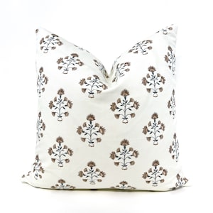 Brown and blue floral block print pillow cover, cream pillow, cream and blue floral pillow
