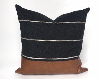 Charcoal stripe color block pillow cover, black and faux leather pillow, black and white stripe pillow, modern pillow