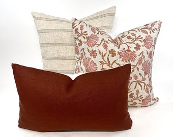 Pillow cover combination #11, neutral stripe cover, copper brown linen cover, pink wildflower cover