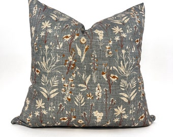 Rust and steel gray floral pillow cover