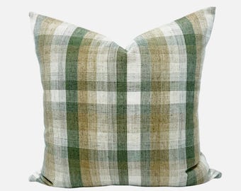 Green and beige plaid pillow cover