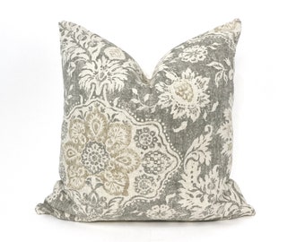 Beige and gray medallion floral pillow cover