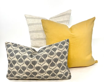 Pillow cover combination #10, neutral stripe cover, wheat yellow linen cover, steel gray and flax floral cover
