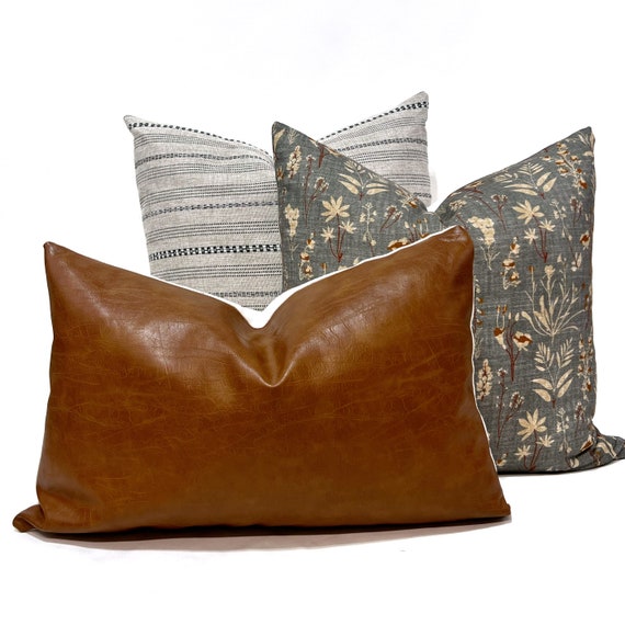 Pillow cover combination #6, oatmeal and gray woven stripe cover, rust and steel gray floral cover, faux leather cover