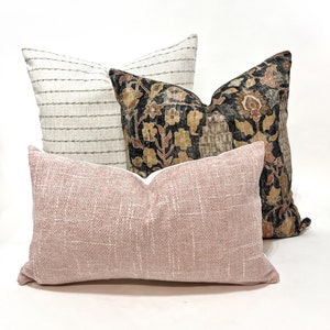 Pillow cover combination #1, cream and woven beige stripe pillow cover, earth tones botanical pillow cover, blush chenille pillow cover