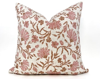 Federa per cuscino con fiori di campo rosa, cuscino color malva, cuscino color ruggine e rosa, cuscino con fiori beige e rosa