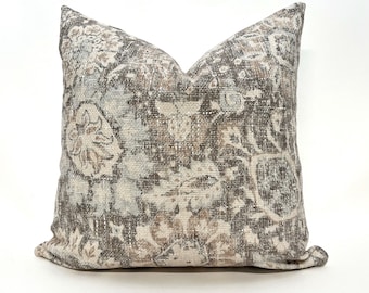Beige and blue medallion pillow cover, gray and blue pillow, turkish pillow, woven pillow